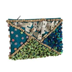 Hand beaded- mini wallet coin purse- seashellls beach- sequin- some wear- retro
